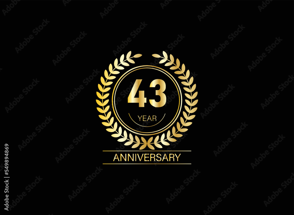 Fototapeta premium 43 year anniversary celebration. Anniversary logo with ring and elegance golden color isolated on black background, vector design for celebration.