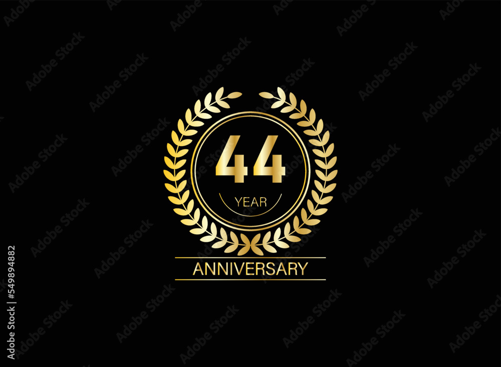 44 year anniversary celebration. Anniversary logo with ring and elegance golden color isolated on black background, vector design for celebration. 44 year anniversary celebration. Anniversary logo with ring and elegance golden color isolated on black background, vector design for celebration.