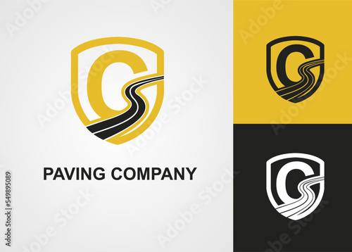 Initial C Letter with Street Asphalt, Paving and Shield for Construction Business Logo Template idea. Maintenance Roadwork