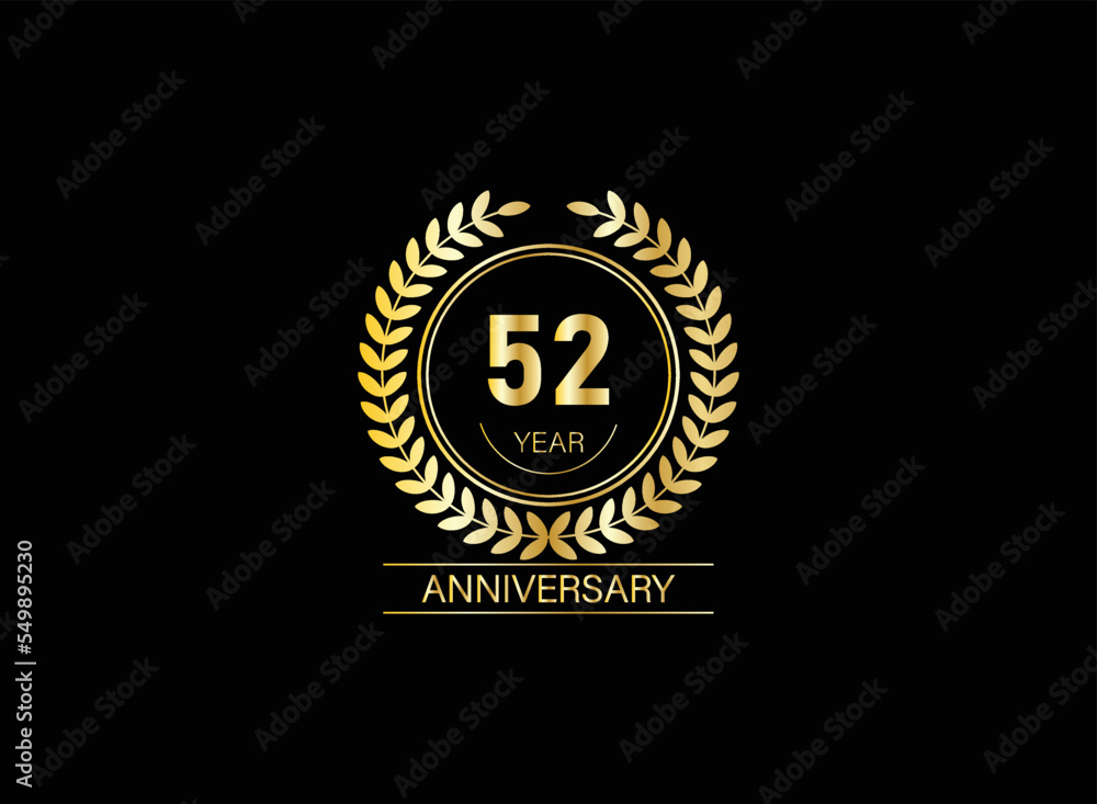 Fototapeta premium 52 year anniversary celebration. Anniversary logo with ring and elegance golden color isolated on black background, vector design for celebration.