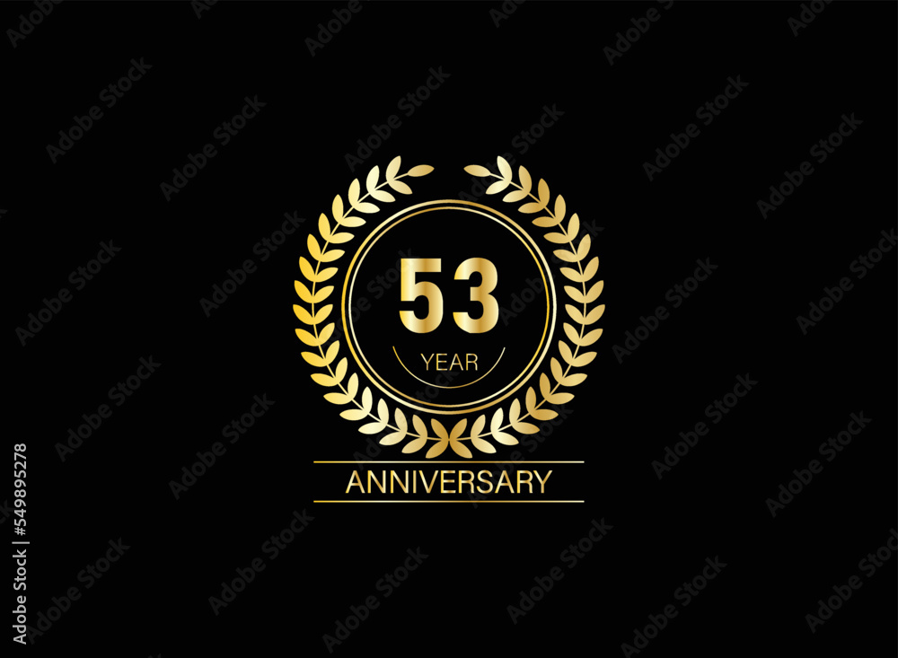 Fototapeta premium 53 year anniversary celebration. Anniversary logo with ring and elegance golden color isolated on black background, vector design for celebration.