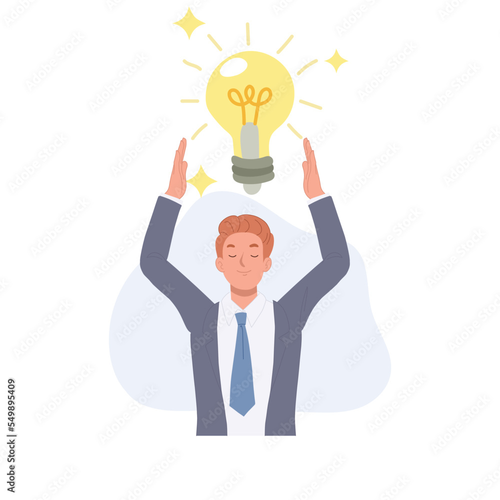 Businessman holding a large light bulbs in his hands. A big idea concept. Flat vector cartoon character illustration. Businessman holding a large light bulbs in his hands. A big idea concept. Flat vector cartoon character illustration.