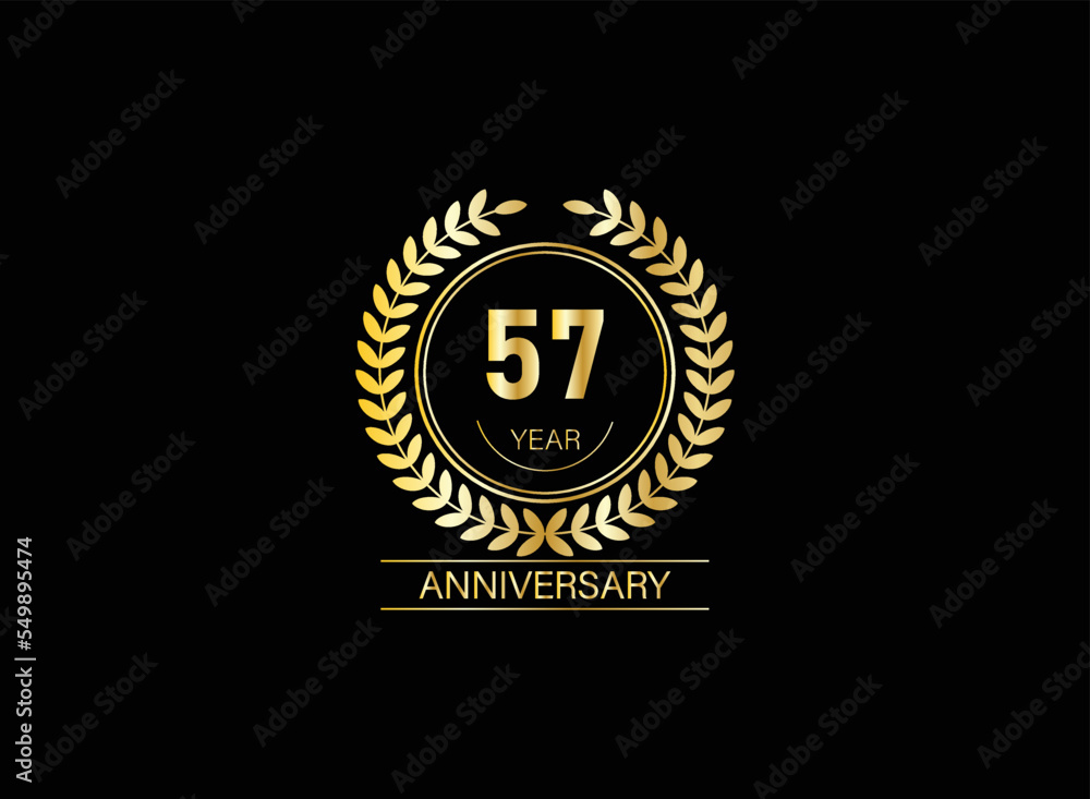 57 year anniversary celebration. Anniversary logo with ring and elegance golden color isolated on black background, vector design for celebration.