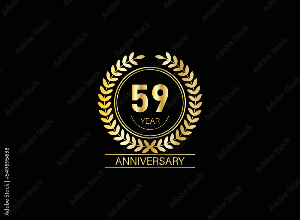 Naklejka premium 59 year anniversary celebration. Anniversary logo with ring and elegance golden color isolated on black background, vector design for celebration.