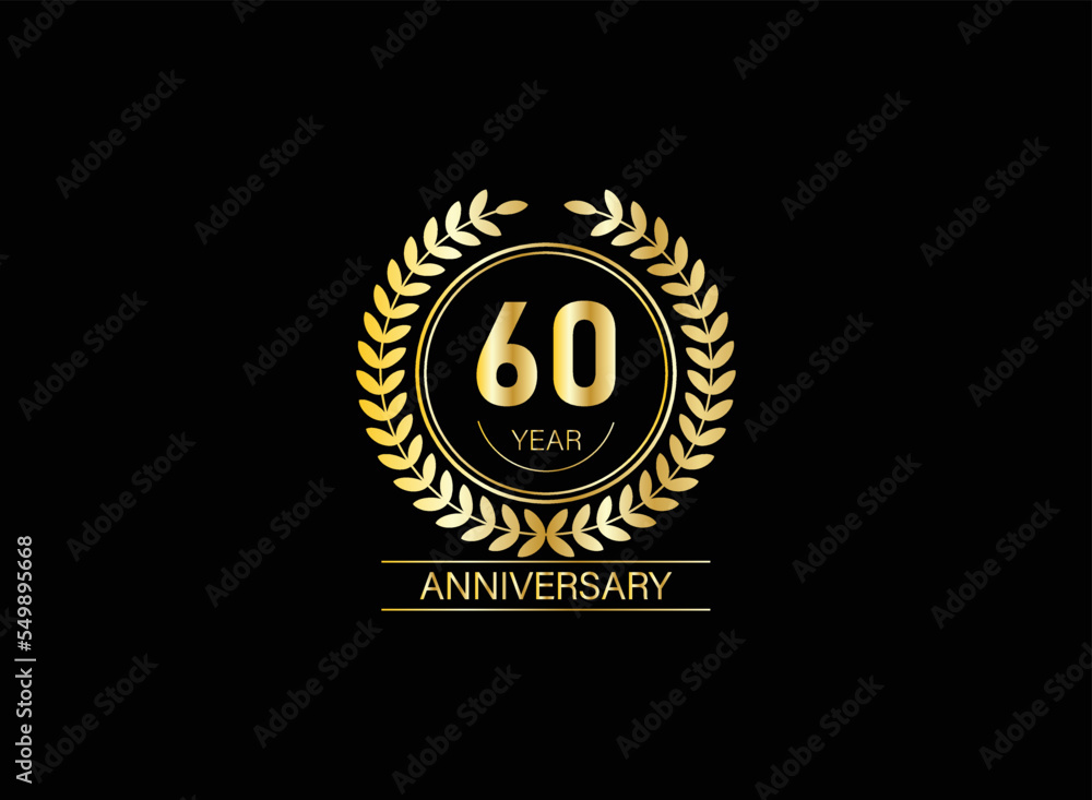 Fototapeta premium 60 year anniversary celebration. Anniversary logo with ring and elegance golden color isolated on black background, vector design for celebration.