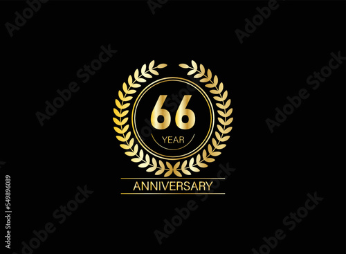 66 year anniversary celebration. Anniversary logo with ring and elegance golden color isolated on black background, vector design for celebration.