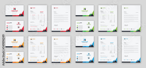 Corporate branding identity design includes Business cards  Invoices  Letterhead Designs  and Modern stationery packs with red  yellow  green  and blue color