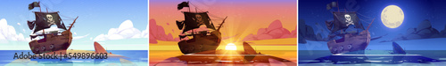 Broken pirate ship on sea island at night, sunset and afternoon. Vector cartoon illustrations of ocean landscape with sand beach and old corsair boat after shipwreck at different times of day