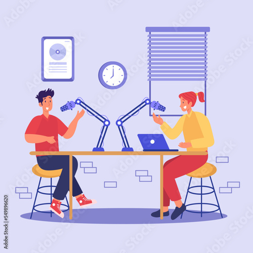 Podcast in studio flat vector illustration. Radio host interviewing guests on radio station