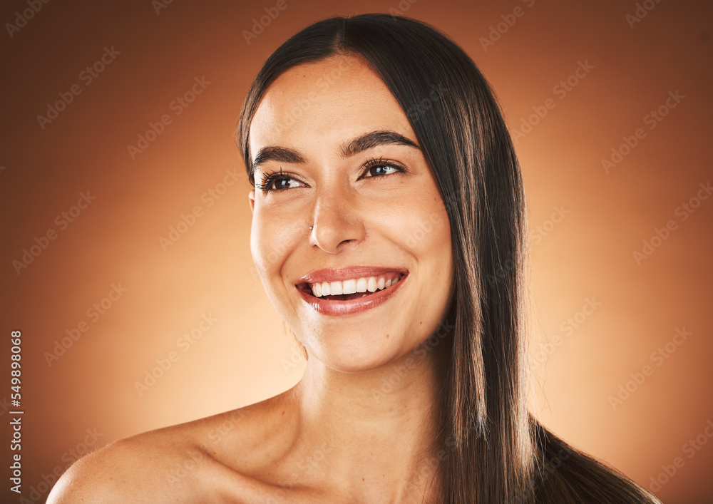 Skincare, beauty and face of woman with smile in studio on brown background for spa, wellness and cosmetics. Makeup, dermatology and happy girl for beauty products, skincare products and body care Skincare, beauty and face of woman with smile in studio on brown background for spa, wellness and cosmetics. Makeup, dermatology and happy girl for beauty products, skincare products and body care