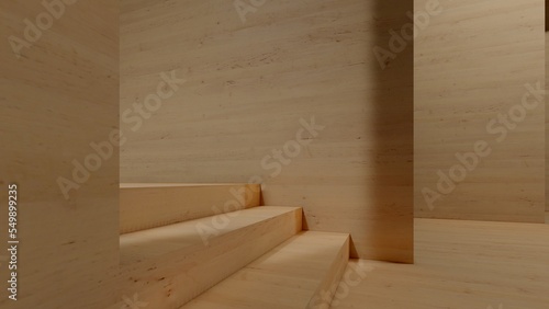 Blank wood display on wood background with minimal style and spot light. Blank stand for showing product. 3D rendering.