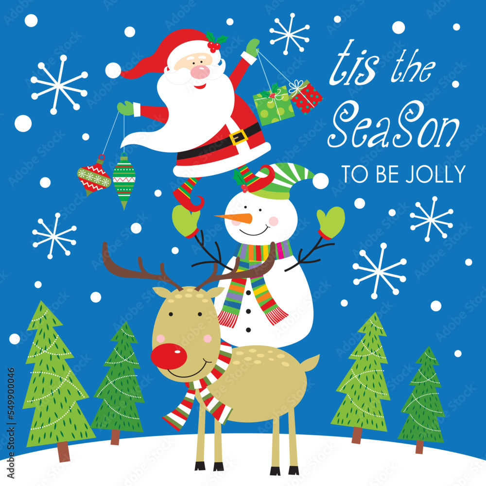 christmas card with snowman, reindeer an santa