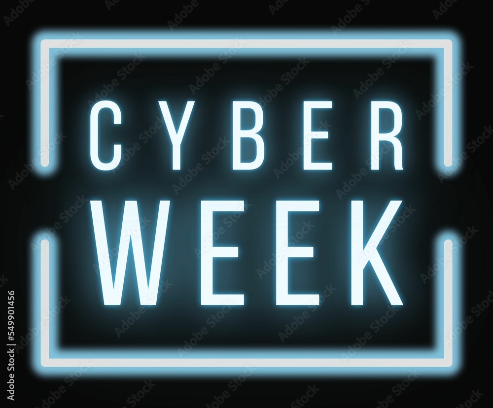 Cyber week neon web banner, glowing blue text on black background for social media, ecommerce, blog post Cyber week neon web banner, glowing blue text on black background for social media, ecommerce, blog post