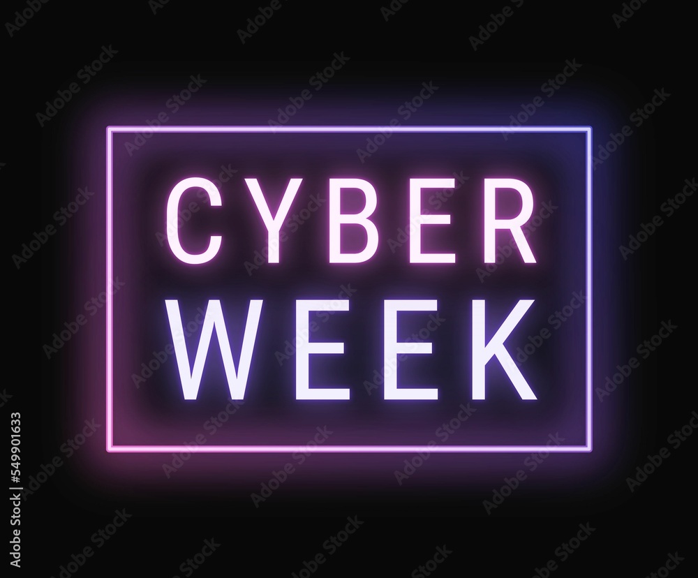 Cyber week neon web banner purple and pink glowing text on black background Cyber week neon web banner purple and pink glowing text on black background