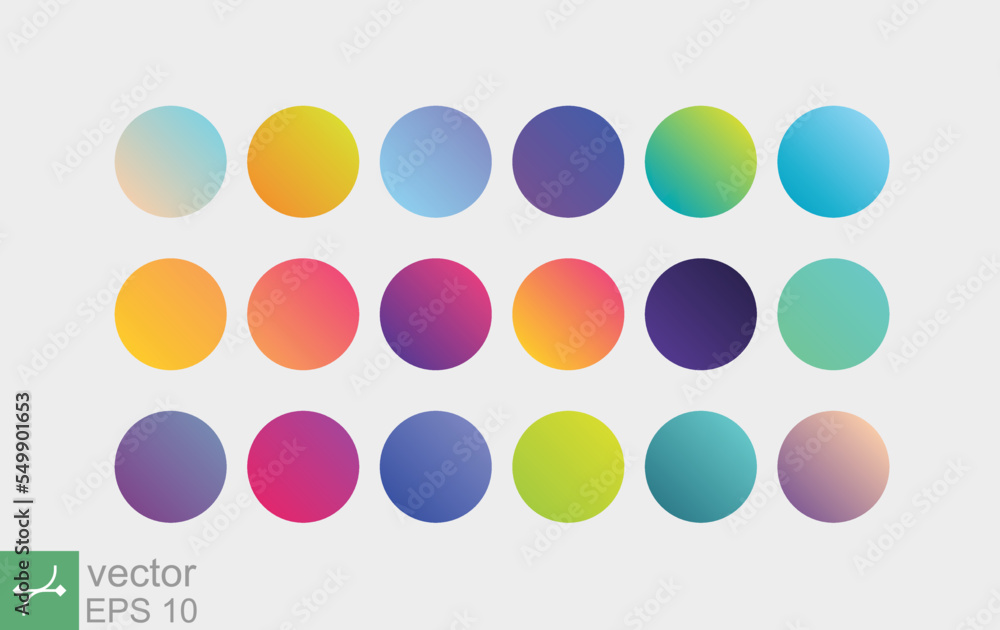 Circle gradient holographic sphere button. Purple, orange, peach, green, red, blue, yellow, multicolor neon, elegant palette color. Round buttons flat vivid color spheres set. Vector EPS 10.
