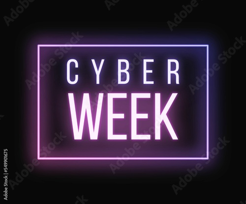 Cyber week neon web banner purple and pink glowing text on black background