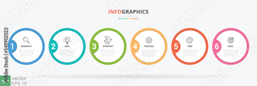 Infographic 6 steps or options, circle shape design template with icons. Can be used for process diagram, presentations, workflow layout, banner, flow chart, info graph. Vector illustration EPS 10.