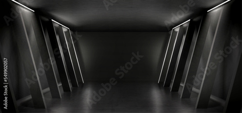 Empty gallery hall with inclined columns, black walls and backlight. Modern corridor or hallway interior of house, office or museum building, vector realistic illustration