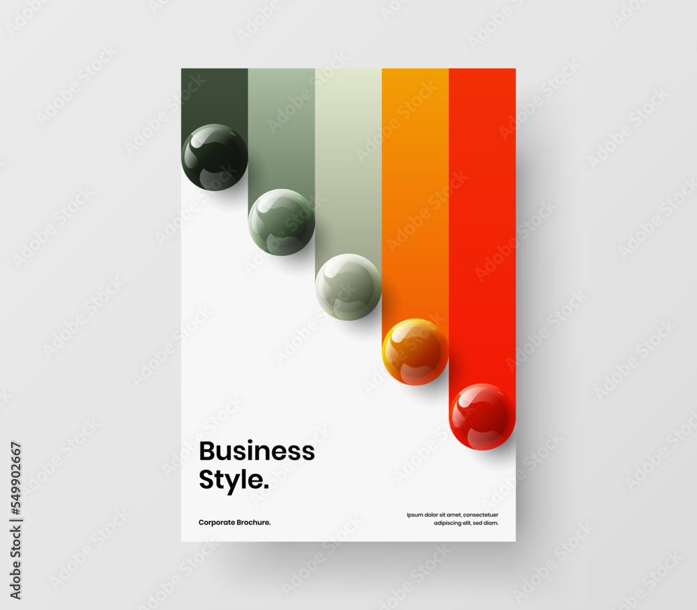 Trendy corporate identity A4 design vector layout. Colorful realistic spheres magazine cover template.