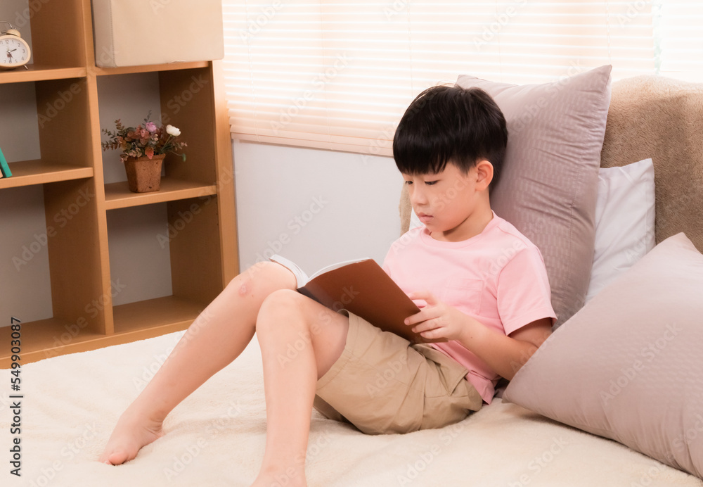 Asian handsome boy reading favorite book while lying down on bed at home, happy little kid spend time free to their advantage. Son enjoying reading manga new story. staying at home in self isolation. Asian handsome boy reading favorite book while lying down on bed at home, happy little kid spend time free to their advantage. Son enjoying reading manga new story. staying at home in self isolation.
