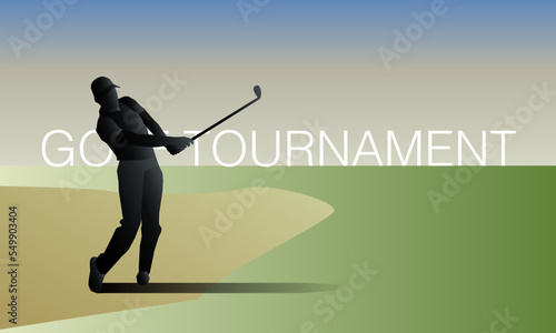 Golfclub competition poster. Template for golf competition or championship event. Blue sky and green golf field.