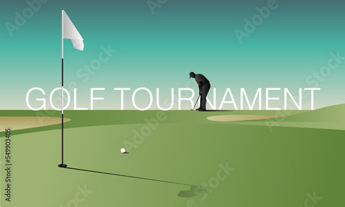 Golfclub competition poster. Template for golf competition or championship event. Blue sky and green golf field.