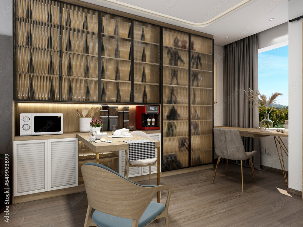 Obraz premium 3D rendering, Nordic wooden style restaurant design