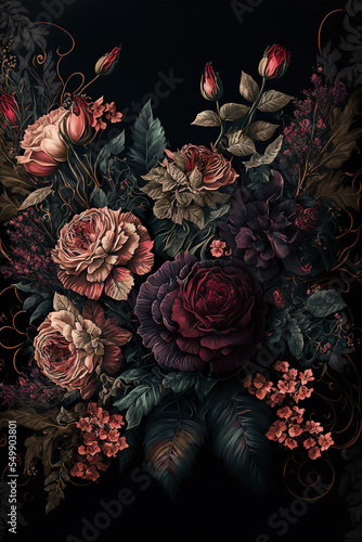 Roses on a black background. Abstract floral design for prints, postcards or wallpaper © NadiaArts