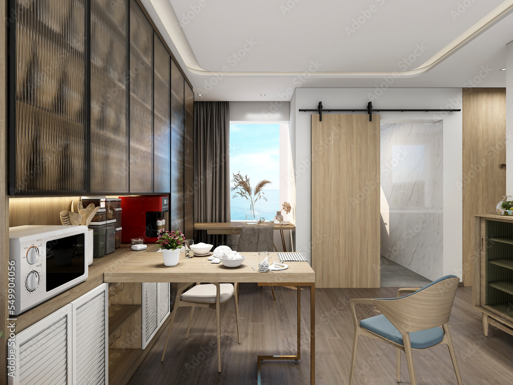 Fototapeta premium 3D rendering, Nordic wooden style restaurant design
