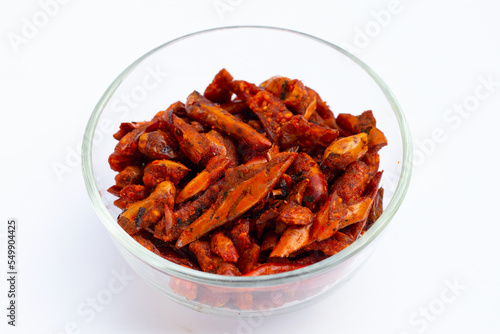 Fried Chili, Spicy snack on white background.