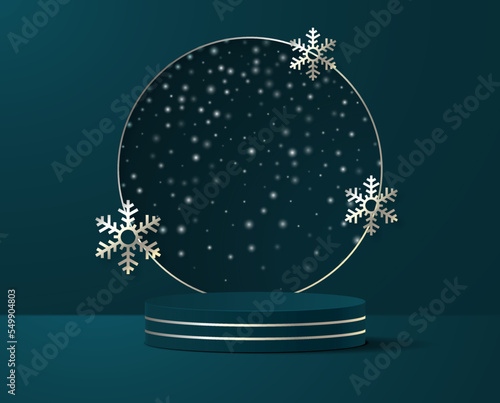 New Year's Christmas 3d scene with a round niche podium and snowflakes.