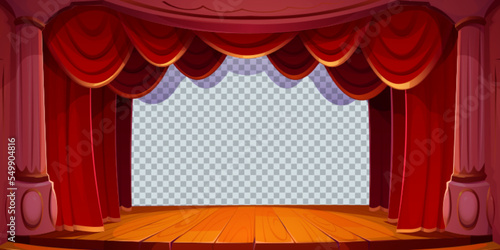 Theater stage, empty retro scene with curtains, wooden floor, columns and transparent background. Vintage theatre interior with pillars and red drapery, vector cartoon illustration