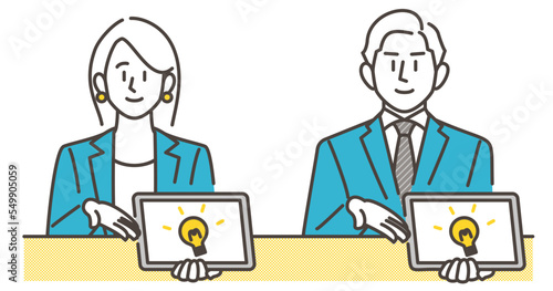 Male and female business person explaining and making a proposal on a tablet computer [Vector illustration].