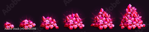 Gem crystals growing pile game assets. Red glow gemstones, mine treasure heap evolution from small to large. Jewelry graphic elements, ui or gui pirate loot, trophy, Cartoon vector illustration, set