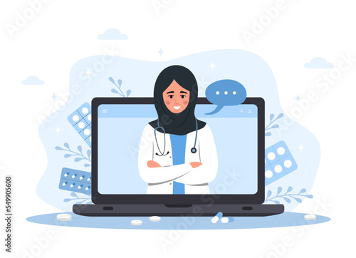 Online doctor. Arabian woman therapist on laptop with video call. Virtual medical consultation and support. Telemedicine concept. Healthcare service. Vector illustration in flat cartoon style.