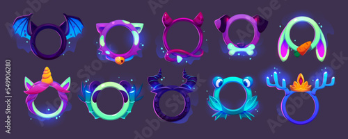 Neon game avatar frames, round gamers animals and fantasy characters borders. Bat, cat, devil, unicorn and dog, rabbit, frog and deer. Cartoon ui personages isolated gui graphic elements Vector set
