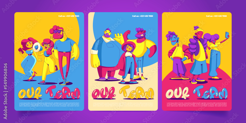 Fototapeta premium Our team cartoon posters with contemporary business characters. Company office employees introduction information, job hiring and recruiting, teamwork cooperation concept, Line art flat vector banners