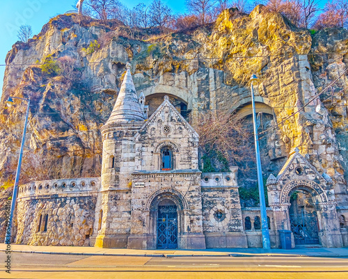 Neo-Romanesque facade of historic Gellert Hill Cave monastery in Budapest, Hungary photo