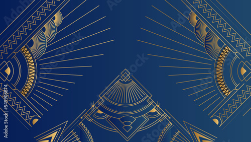Art deco background with golden line and geometric shape on blue background. Design element for wedding template  greeting card  retro card  art deco line frame border. Vector illustration