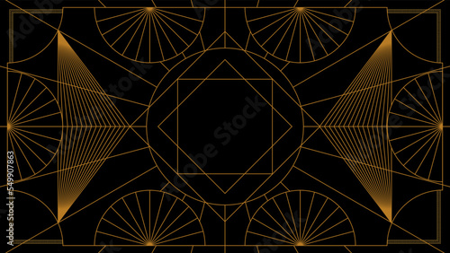 Art deco background with golden line and geometric shape on black background. Design element for wedding template, greeting card, retro card, art deco line frame border. Vector illustration