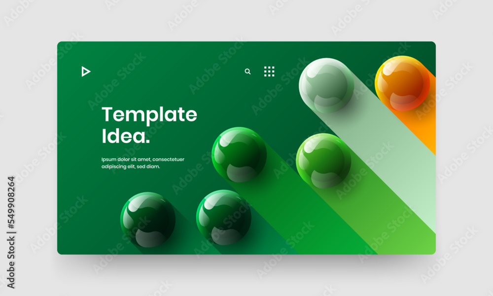 Abstract company cover design vector layout. Geometric realistic spheres site screen illustration.