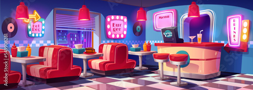 Fast food retro cafe night interior with tables, cashier desk with high chairs, glowing menu and signboards. Cafeteria, fastfood restaurant in vintage style with city view, Cartoon vector illustration