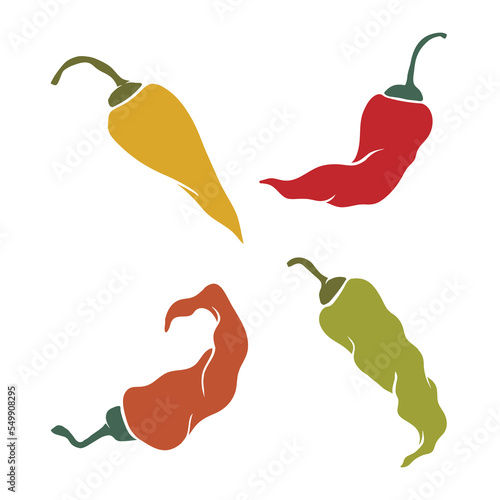 Chili pepper pod icons set. Hot pepper color silhouette. Asian or Mexican cuisine.
