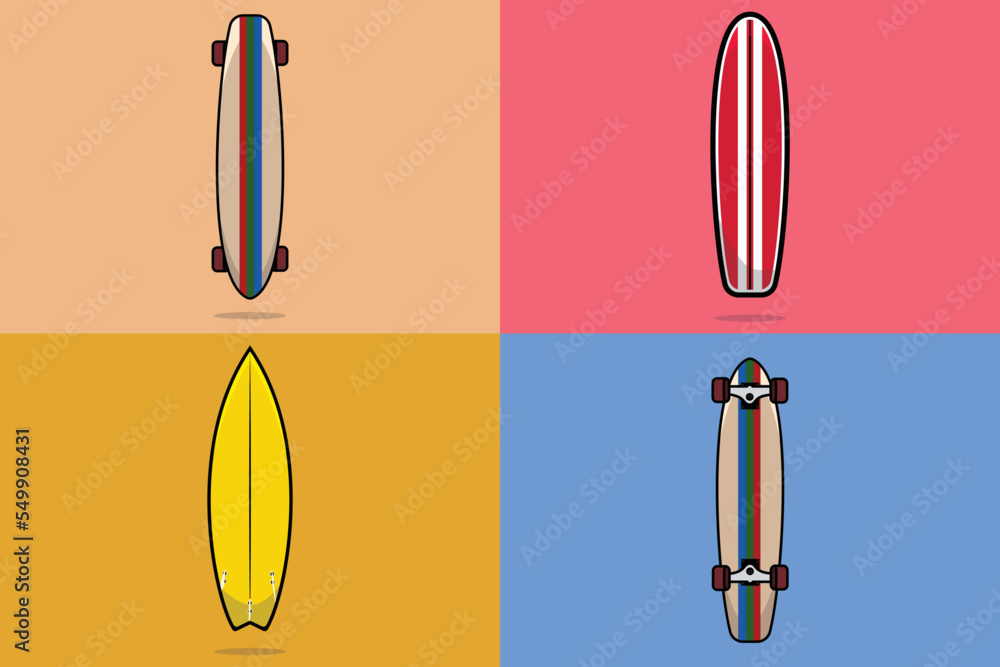 Set of Surfing Board and Skateboard vector illustration. Summer beach and  Sport object icon concept. Front and back view of surfing board and  skateboard vector design. Sea and road traveling elements.  Stock-Vektorgrafik