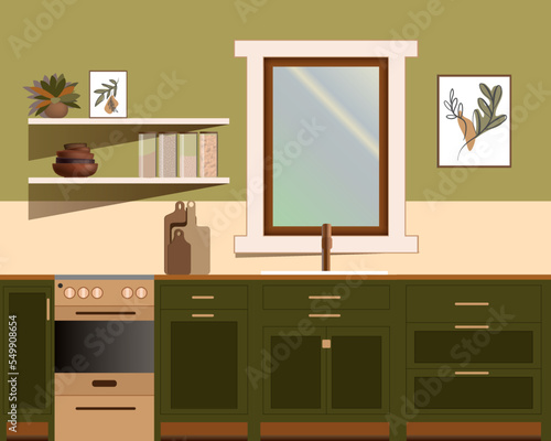 Kitchen, flat style. Green kitchen with stove, shelves, utensils and decor.