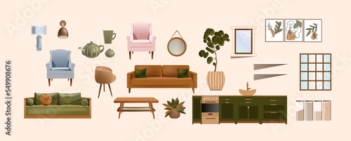 Furniture for the interior. Boho style, blue sofa, coffee table, tuned pattern set, lamp, blue armchair, home flowers. Isolated objects on a white background.