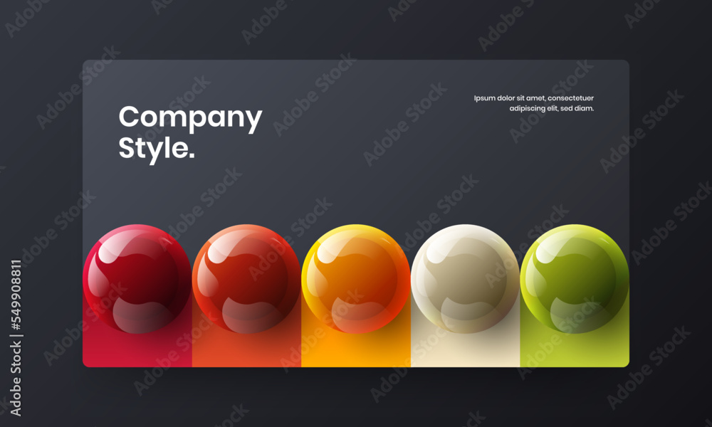 Unique flyer design vector template. Geometric realistic balls web banner layout.