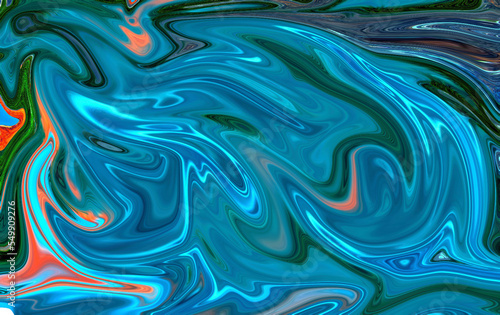 Fluid Art Background And Colored Pigments With Blue Drops 3D Illustration In Tech Futuristic Style