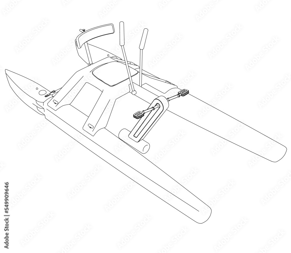 Outline of a catamoran with pedals from black lines isolated on a white background. Isometric view. 3D. Vector illustration.