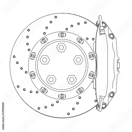Outline of a car brake disc with a brake shoe from black lines isolated on a white background. Front view. 3D. Vector illustration.